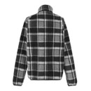 Back view flat lay of the black and grey checkered fleece jacket with long sleeves and a straight hem, shown against a white studio background. Back view flat lay of the black and grey checkered fleece jacket with long sleeves and a straight hem, shown against a white studio background.