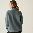 Rear view of the Element Grey fleece worn by a female model, highlighting the back yoke design and collar height.