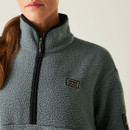 Close-up view of the upper chest area of the Element Grey fleece, focusing on the Dare 2B logo badge and the black contrast half-zip.