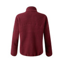 Three-quarter view of red fleece pullover laid flat, with visible zippered pockets and branding.