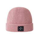 The front of a pink beanie hat with a black brand logo on the front of the roll cuff.