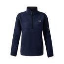 Front product image of the navy fleece laid flat against a white background, showing its clean silhouette and branding details.