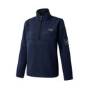 Three-quarter front view of the fleece alone, emphasizing its structure, half-zip, and dual logo placements.