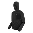 Angled product view of HOODED NEWHILL fleece in ash black with hood up and zippers closed