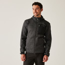 Front-facing studio shot of smiling man wearing Regatta HOODED NEWHILL fleece in ash black with arms relaxed