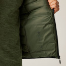 Close-up of the interior lining of Regatta’s Olive Night bodywarmer highlighting recycled insulation, water repellent properties, and printed care icons.