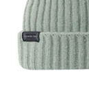 A close up view of the small black Dare 2b branding at the front of the beanie hat.