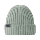 The front of a light green hat with a small black brand logo on the front of the roll cuff.