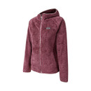 A side view of a purple full zip fleece with a hood.