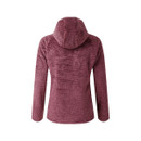 The back of a purple fleece with a hood.