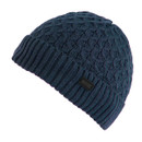 Front-facing indigo blue Harrell beanie hat with textured cable knit design and wide ribbed brim, perfect for cold weather style and comfort.