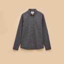 Flat lay of a long-sleeved checked shirt in dark navy, featuring a multicoloured tartan pattern with red, green, and white stripes, button-down front, and classic collar. The shirt has a single chest pocket embroidered with a subtle hare logo.