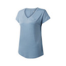 A side view of a light blue v-neck t-shirt.