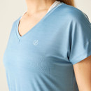 A close up view of the t-shirt's v-neck design.
