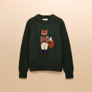 Dark green crew neck jumper featuring a textured intarsia design of a fox dressed in countryside attire, laid flat on a neutral background.