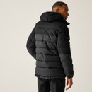 Back view of the Regatta Aldthorn men's puffer jacket in Ash Black, laid flat to showcase the horizontal baffle quilting and protective hood design.