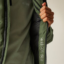Interior view of Regatta Aldthorn jacket showing recycled material label, feather-free symbol, and water-repellent fabric badge, held open by model.