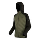 A hooded jacket with an olive-green quilted front and black sleeves. The design appears sporty and functional, conveying a modern outdoor style.