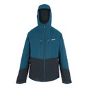 A blue and black outdoor jacket with a hood, featuring two vertical zippered chest pockets and adjustable cuffs, shown against a white background.