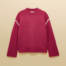 Flat lay of a bright pink knit jumper with long sleeves, a ribbed crew neckline, cuffs, and hem. The jumper features white zigzag stitching detail across the upper arms. Displayed against a neutral beige background.