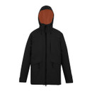 Black hooded winter jacket with a brown inner lining. It features a front zip, two large front pockets, and an adjustable hood.