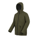 Olive green hooded jacket with a front zip, two upper chest pockets, and two lower pockets. The jacket appears warm and is positioned against a plain white background.