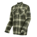 Green and beige plaid flannel shirt with long sleeves and button-down front. Features two chest pockets with button flaps, conveying a casual and cosy style. Green and beige plaid flannel shirt with long sleeves and button-down front. Features two chest pockets with button flaps, conveying a casual and cosy style.
