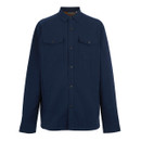 Navy blue, long-sleeved button-up shirt jacket with two chest pockets and black buttons. The style is casual and simple, suggesting everyday wear.