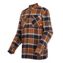 A long-sleeved plaid flannel shirt in brown, navy, and white. It features a button-up front and two chest pockets, conveying a casual, rugged style.