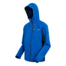 Bright blue hooded jacket with a sleek design, featuring black accents and a front zip. The lightweight material suggests it's for outdoor activities.