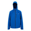 Blue hooded waterproof jacket with a front zip, chest pocket, and adjustable cuffs. The jacket has black accents and a sporty, outdoor design.