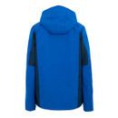 Blue hooded jacket with dark side panels, seen from the back. The jacket's bright colour and design suggest casual outdoor wear.