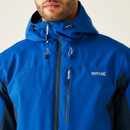 Man in blue Regatta jacket with a hood, featuring white and black drawstrings and chest zips, conveys an outdoorsy and sporty vibe.