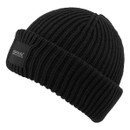 Black ribbed knit beanie with folded cuff, featuring a small rectangular label on the front. The design conveys warmth and outdoor style.