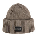 A beige knitted beanie with a folded brim and a black label reading "Regatta Great Outdoors." The texture conveys warmth and comfort.