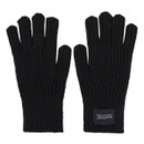 A pair of black, ribbed knit gloves are shown side by side, with a small logo patch on the right glove. They convey a cosy, winter-ready feel.