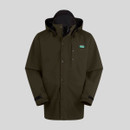 Studio product shot of the men’s Monsoon Classic jacket in forest green with hood and storm-secured front fastening.