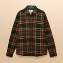 Flat lay of a Joules men's brushed cotton shirt featuring a bold tartan pattern in forest green, mustard yellow, burgundy, and navy. Designed with a button-down front, pointed collar, chest pocket with embroidered hare logo, and long sleeves with buttoned cuffs.