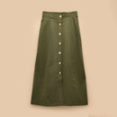 A-line olive green midi skirt displayed against a neutral background, featuring a central button placket with light beige buttons and angled side pockets.
