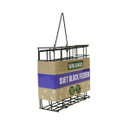 Metal suet block feeder with packaging labelled "Wing & Wild." Features strong cage design, purple label, and hook for hanging. Eco-friendly tone.