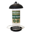 Bird seed feeder with a durable steel design, labelled "Wing & Wild." It features a black dome top, metal perch, and emphasizes easy cleaning.