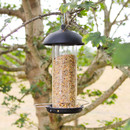 A cylindrical bird feeder filled with seeds hangs from a tree branch. The tree's leafy branches frame the feeder against a blurred natural background.