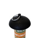 Close-up of a black, dome-shaped bird feeder lid with a metal ring handle on top. Below, a brown and orange tube labelled "Sunflower" is partially visible.