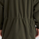 Close-up of the rear waist seam on the olive green Ridgeline Torrent jacket, highlighting the elasticated shaping for a secure fit.