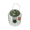 Green squirrel-proof peanut feeder with a sturdy wire cage and lid. Attached tag reads "Wing & Wild." Designed to keep squirrels away from bird food. Green squirrel-proof peanut feeder with a sturdy wire cage and lid. Attached tag reads "Wing & Wild." Designed to keep squirrels away from bird food.