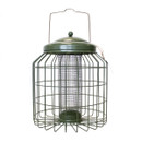 A green metal bird feeder with a wire mesh design and dome-shaped lid. It features a sturdy top handle, conveying a functional and rustic style. A green metal bird feeder with a wire mesh design and dome-shaped lid. It features a sturdy top handle, conveying a functional and rustic style.