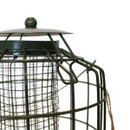 Close-up of a green metal bird feeder with a wire mesh and dome-shaped lid. The feeder hangs against a plain white background.