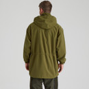 Rear view of the men’s teak Ridgeline Torrent waterproof jacket highlighting the shaped long drop hem and elasticated waist detailing.