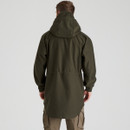Rear view of a forest green waterproof smock jacket showing the long drop-tail hem and hood design.