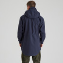 Back view of a men’s navy waterproof smock jacket showing longline hem and adjustable hood.